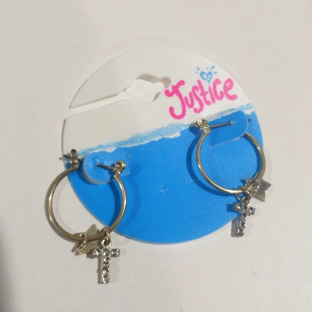 Justice Silver-tone Hoop Earrings Sparkling Cross & star-shaped charms - Girls